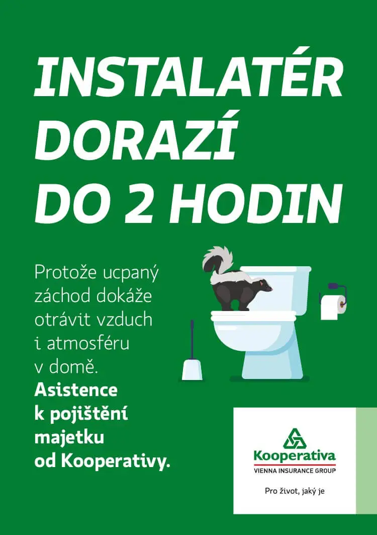 Klíčový vizuál Kooperativa s nadpisem: Instalatér dorazí do ě hodin.